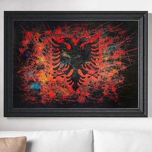 Bandiera dell'Albania, bandiera albanese dipinta a mano creata su carta, bandiera con tecnica mista leggera e strutturata con aquila bicipite, pittura a strati