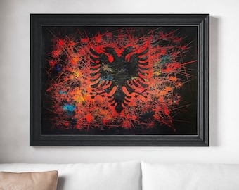 Hand Painted Albanian Flag Art: Textured Double-Headed Eagle
