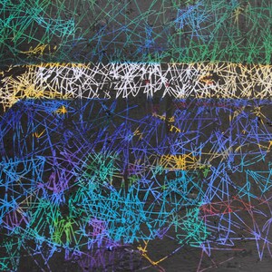 May include: Abstract artwork with a dark background and colorful scribbled lines. The design features green, white, yellow, blue, and purple lines, creating a textured effect. The artwork has a modern, artistic style.