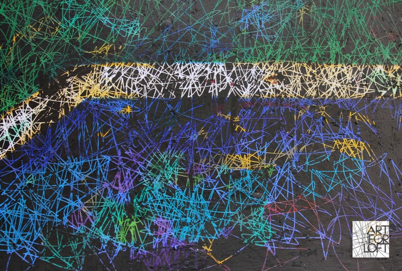 May include: Abstract artwork with a dark background and colorful scribbled lines. The design features green, white, yellow, blue, and purple lines, creating a textured effect. The artwork has a modern, artistic style.