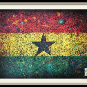 Puede incluir: Pintura abstracta de la bandera de Ghana en rojo, amarillo y verde con una estrella negra en el centro. La bandera est&aacute; pintada con un efecto texturizado y salpicado. El texto "ART FOR LOFT" est&aacute; en la esquina inferior derecha de la imagen.