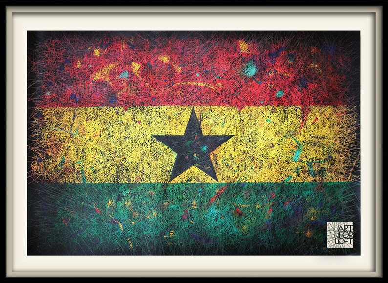 Puede incluir: Pintura abstracta de la bandera de Ghana en rojo, amarillo y verde con una estrella negra en el centro. La bandera est&aacute; pintada con un efecto texturizado y salpicado. El texto "ART FOR LOFT" est&aacute; en la esquina inferior derecha de la imagen.