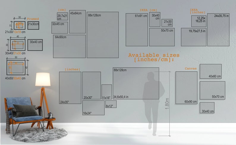 May include: Image showing various framed art sizes in inches and centimeters, including 24x35 inches, 20x30 inches, and 16x24 inches. The text "Available sizes [inches/cm]" is also present.