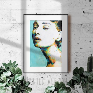 Oeuvre de haute qualité "Audrey Hepburn", Impression Giclée sur Papier ou CANVAS, Conception de Typographie, Technique Mixte, Portrait Coloré de Femme Légendaire