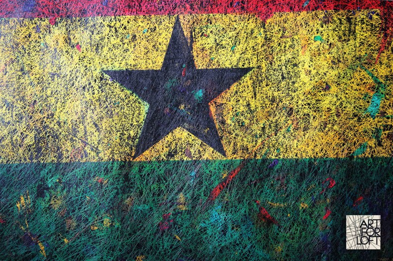 Puede incluir: Pintura abstracta de la bandera de Ghana. La bandera est&aacute; compuesta por tres franjas horizontales: roja, amarilla y verde. Una estrella negra de cinco puntas est&aacute; centrada en la franja amarilla. La pintura est&aacute; realizada en un estilo que se asemeja a una red de l&iacute;neas finas.