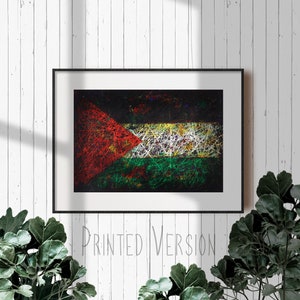 Puede incluir: Una impresión enmarcada de la bandera palestina, creada con un estilo único de líneas entrelazadas en rojo, blanco, verde y negro.