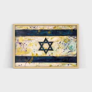 Bandiera di Israele dipinta a mano, stella di David ebraica invecchiata, bandiera rustica vintage di Israele, bandiera, dipinto in stile industriale Hanukkah