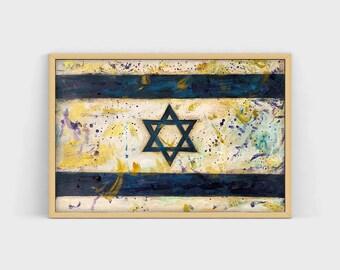 Hand Painted Israel Flag wall art, Distressed Jewish David star, Vintage Rustic Flag of Israel, Flag, Industrial Style Painting Hanukkah