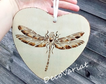 Dragonfly Heart Plaque, Wooden Hanging Heart Plaque, Large Heart Plaque, Pyrography Dragonfly, Pyrography Art