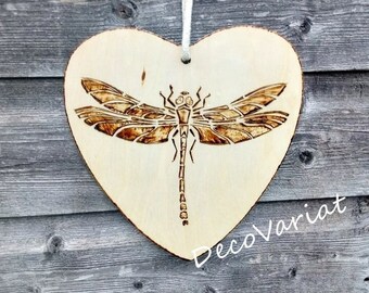 Dragonfly Heart Plaque, Wooden Hanging Heart Plaque, Large Heart Plaque, Pyrography Dragonfly, Pyrography Art