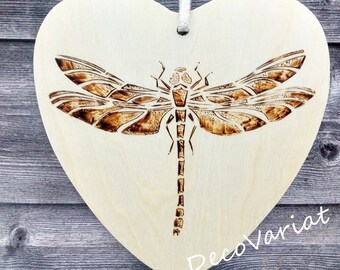 Dragonfly Heart Plaque, Wooden Hanging Heart Plaque, Large Heart Plaque, Pyrography Dragonfly, Pyrography Art