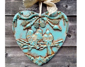 Hanging Heart, Hanging Heart Plaque, Large Heart Plaque, Birds Decor