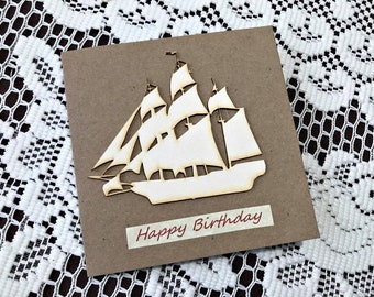 sailing boat birthday card, sailor birthday card, rustic birthday card, recycled paper card