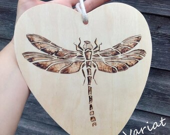 Dragonfly Heart Plaque, Wooden Hanging Heart Plaque, Large Heart Plaque, Pyrography Dragonfly, Pyrography Art
