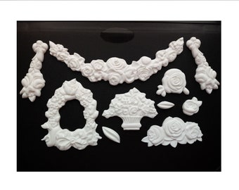 swag furniture appliques, set of 10, furniture onlays, shabby chic garland decor, ornate appliques, rose swag furniture applique