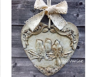 Hanging Heart, Hanging Heart Plaque, Large Heart Plaque, Birds Decor, Shabby Chic Heart