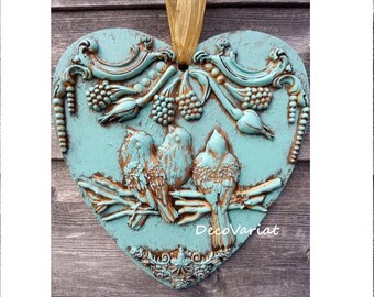 Hanging Heart, Hanging Heart Plaque, Large Heart Plaque, Birds Decor, Shabby Chic Heart