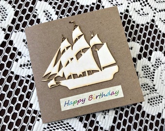 sailing boat birthday card, sailor birthday card, rustic birthday card, recycled paper card