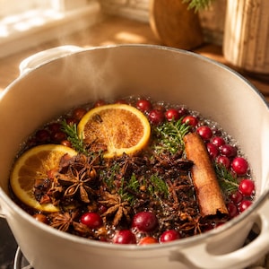 May include: A white enameled cast iron pot filled with simmering liquid containing two orange slices, several whole star anise, a cinnamon stick, fresh green rosemary sprigs, and numerous bright red cranberries floating on the surface.