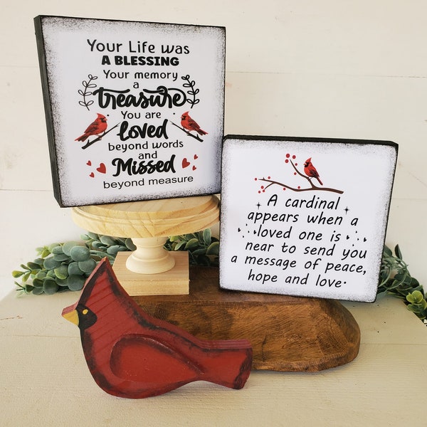 Block sign, 5"x5" decorated in Cardinal decoupage papers for your tiered tray home decor and memorial shelf sitter gifts