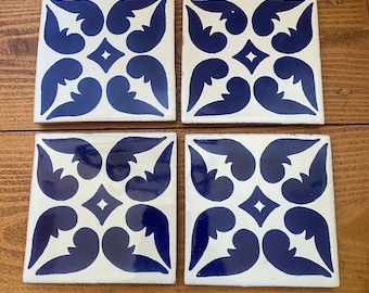 Set of 4 Fair-trade Eco Handmade Mexican Tile Coasters - white & blue