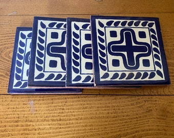 Set of 4 Fair-trade Eco Handmade Mexican Tile Coasters - white & blue