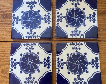 Set of 4 Fair-trade Eco Handmade Mexican Tile Coasters - white & blue