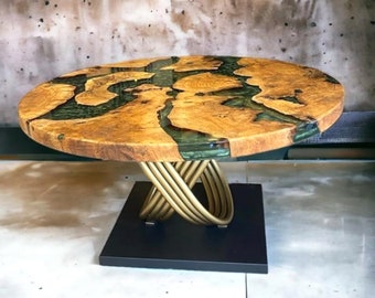 Custom Made Round with Vintage Green Epoxy Table Dining Table Coffee Table Bar End Table Living Room Table Wall Art Table Wooden Table