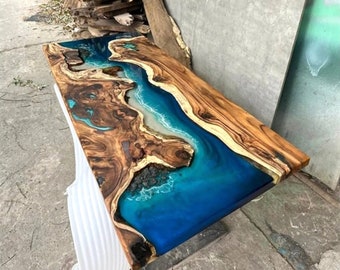 Exquisite Ocean Blue Epoxy Resin Dining Table Coffee Table With Stone And Rock Console Table Side/End Table Living Room