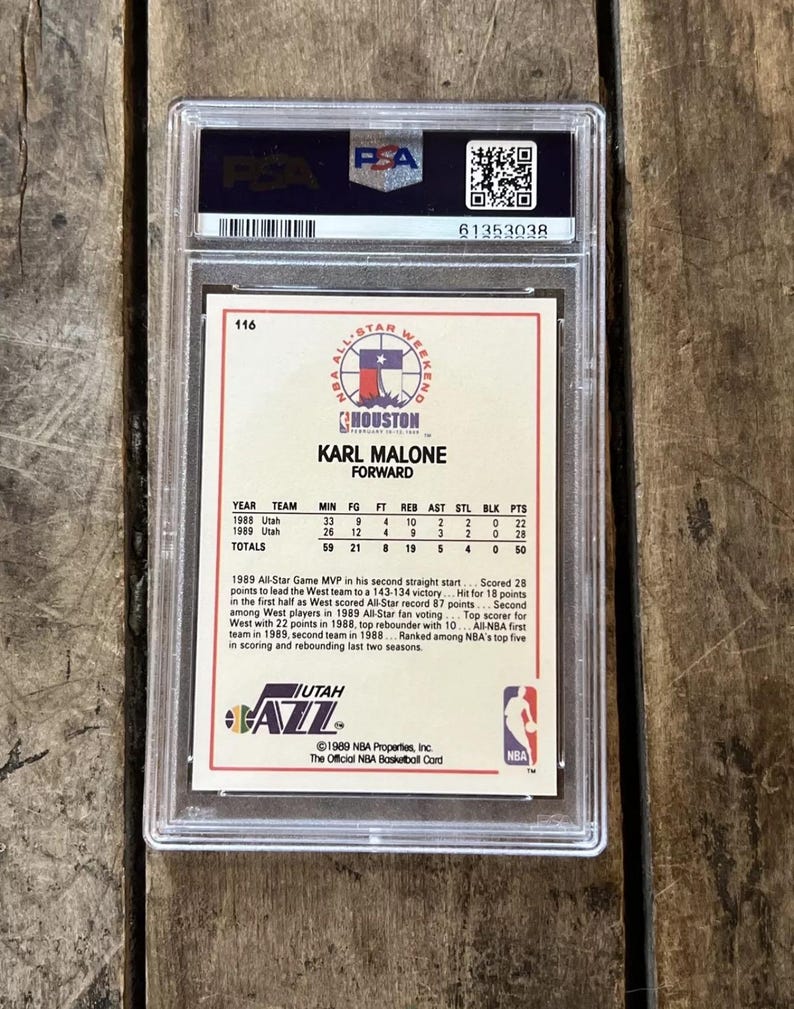 Pu&ograve; includere: Una carta da collezione di basket vintage con Karl Malone, un ala piccola degli Utah Jazz. La carta &egrave; bianca con accenti rossi, blu e neri. Presenta una foto di Malone con la sua divisa degli Utah Jazz, insieme alle sue statistiche e una descrizione dei suoi successi.