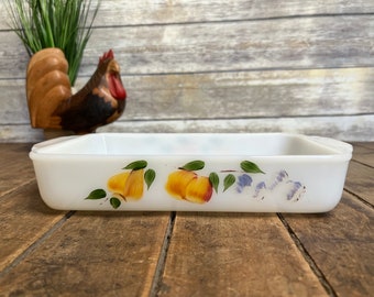 Vintage 1957 - 1968 Fruit by Anchor Hocking - Fire King 12” Retangular Baker #410 - Baking Pan  - Hand Painted Fruit on White - Made in USA