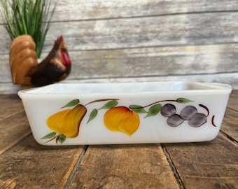 Vintage 1957 - 1968 Fruit by Anchor Hocking - Fire King Loaf Pan - Hand Painted Fruit on White - Made in USA