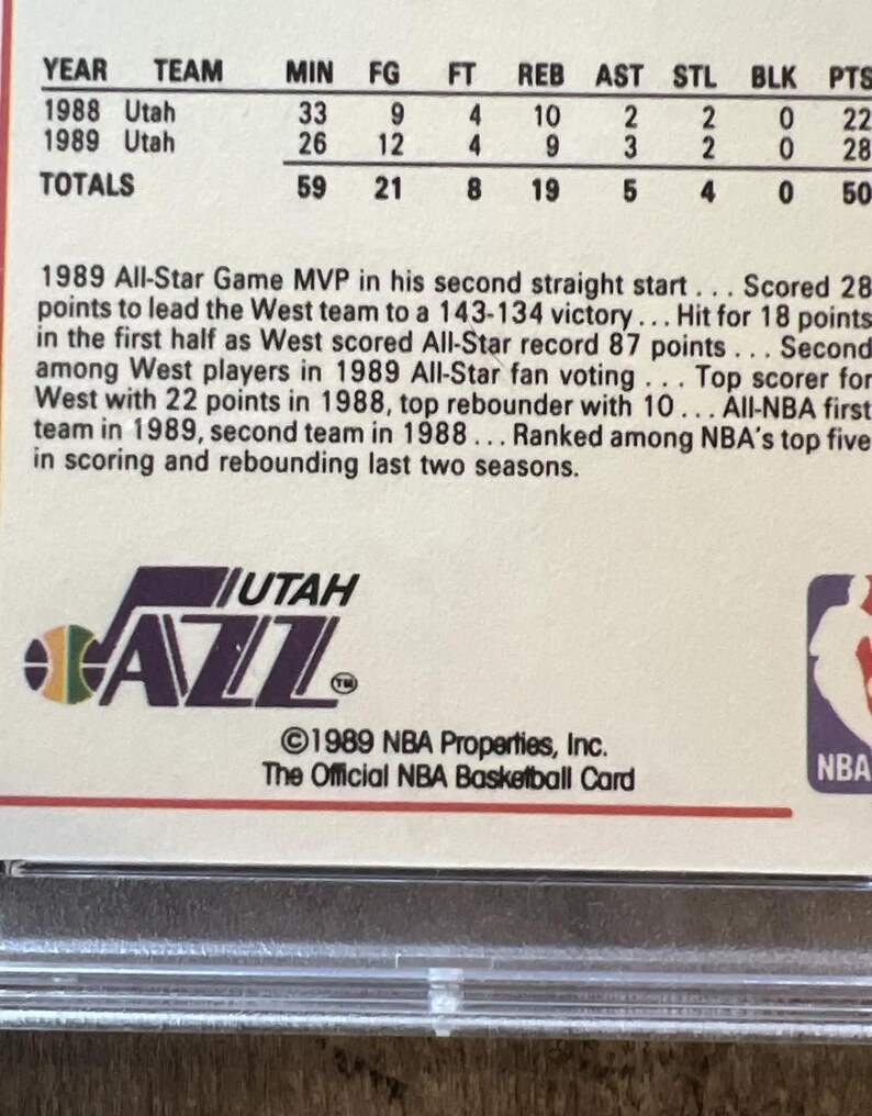 Pu&ograve; includere: Una carta da collezione di basket vintage con Karl Malone degli Utah Jazz. La carta &egrave; rossa, bianca e blu con una foto di Malone in divisa dei Jazz. La carta include le statistiche di Malone per le stagioni 1988 e 1989. La carta &egrave; della serie 1989 NBA Properties, Inc. The Official NBA Basketball Card.