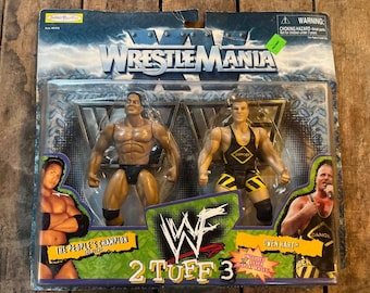 Vintage 1998 WWF The Rock & Owen Hart Wrestlemania 2 Tuff 3 action figures Jakks MOC - WWE Collectibles