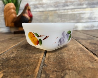 Vintage 1957 - 1968 Fruit by Anchor Hocking - Fire King Small Refrigerator Jar Dish - Hand Painted Fruit on White - Made in USA