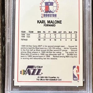 Pu&ograve; includere: Una carta di basket NBA del 1989 con Karl Malone, ala piccola degli Utah Jazz. La carta &egrave; bianca con accenti rossi, blu e neri. La carta presenta una foto di Malone con la sua divisa degli Utah Jazz, insieme alle sue statistiche e una descrizione dei suoi risultati.