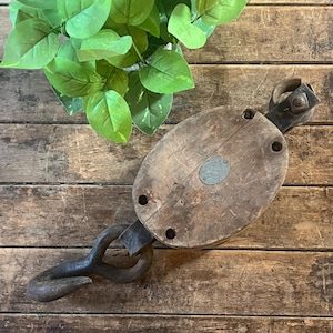 Antique Wood Block Pulley with Hook - Large Pulley S Logo - Industrial - Steampunk - Distressed Wood & Metal