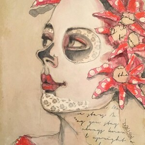 Mädchen mit roten Blumen - Aquarell & Collage Portrait