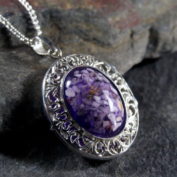 Sterling silver filigree locket with coloured resin stone, for hair or pet ashes (18x13mm)