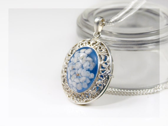 Sterling silver filigree locket with coloured resin stone (18x13mm) - hair or pet ashes