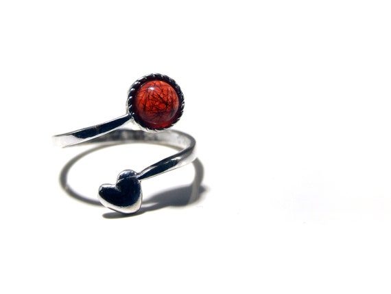 Adjustable Sterling silver ring with heart (6mm round resin stone) - hair or pet ashes