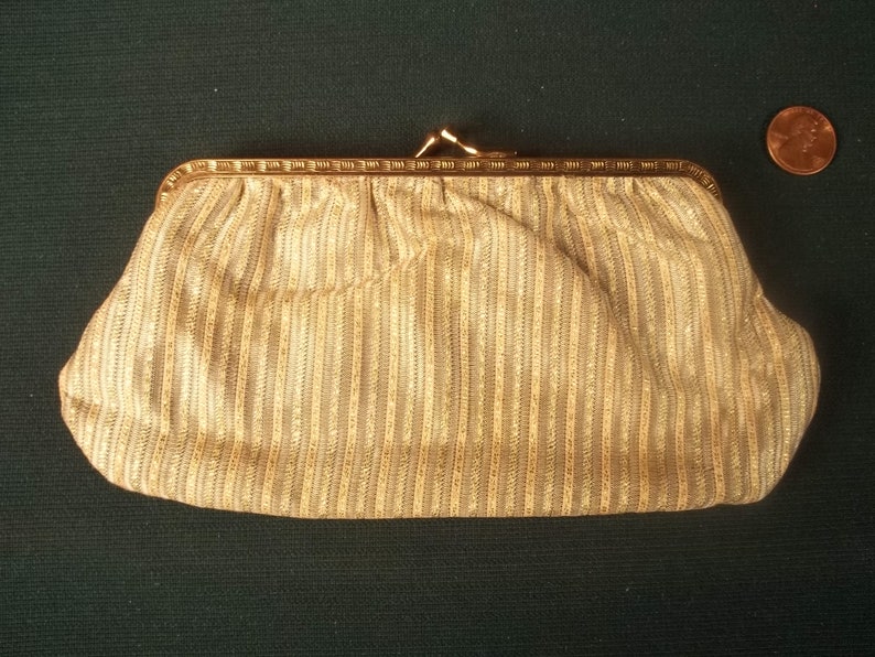 Stripe Fabric Small Hand Bag Clutch Handbag Purse Celebrity Kiss Lock Vintage Old Collectible Metal Frame Coin Key Purse USA