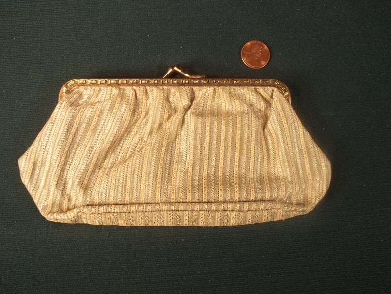 Stripe Fabric Small Hand Bag Clutch Handbag Purse Celebrity Kiss Lock Vintage Old Collectible Metal Frame Coin Key Purse USA