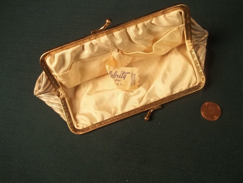 Stripe Fabric Small Hand Bag Clutch Handbag Purse Celebrity Kiss Lock Vintage Old Collectible Metal Frame Coin Key Purse USA