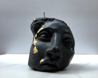 Gilded Androgyny Greek God Godess Sculpture Decorative Black Candle Gold Foil Face Head Organic Soy Candle