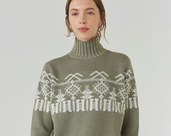 Sage green winter fairisle sweater, sustainable merino wool turtleneck sweater, perfect winter gift, fitted chunky patterned knit sweater