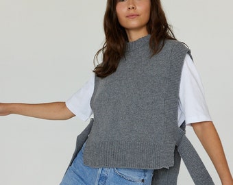 Long knitted merino wool sweater vest, chunky knit minimalist aesthetic winter clothing, oversized gray womens jumper vest