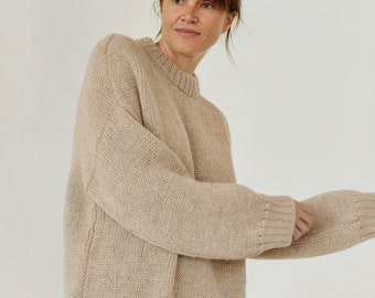 Oversized beige chunky knit sweater, winter unisex cozy pullover sweater, alpaca wool minimalist long sweater, winter 90s clothing