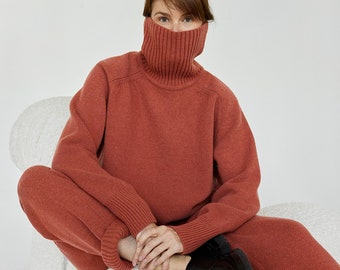 Recycled wool chunky knit turtleneck for women, oversized minimalist winter wool sweater, orange turtleneck, sustainable winter knitwear