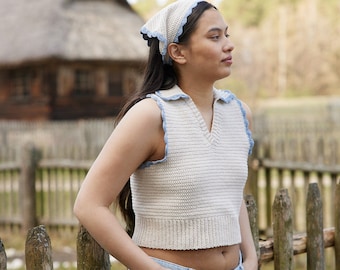 Camiseta sin mangas de otoño de ganchillo hecha a mano, chaleco de algodón para mujer, camisa de playa, ropa boho, camiseta recortada, top de algodón con cuello en v, ropa de festival